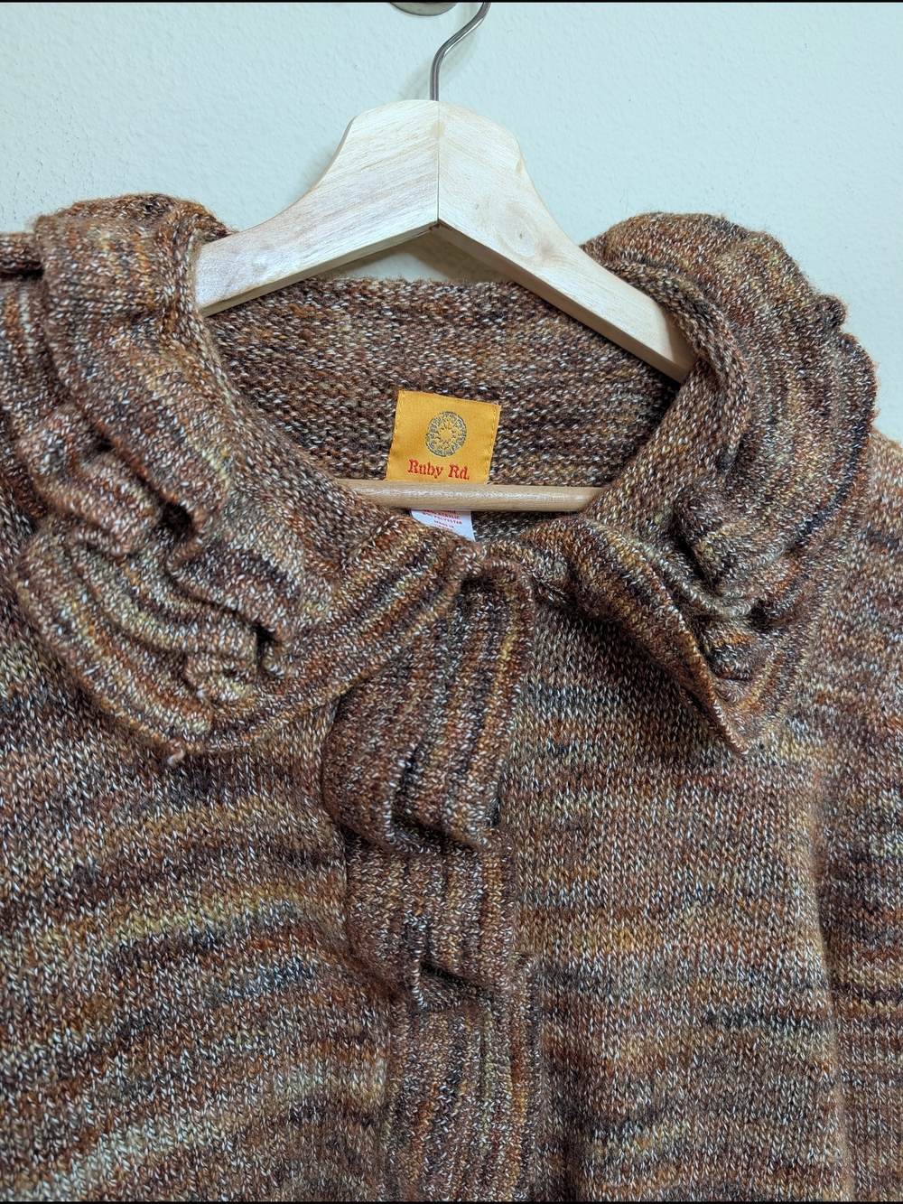 Ruby Rd. Brown Multicolor Space Dye Chunky Knit Cardigan Ruffle Collar Large - Picture 3 of 8